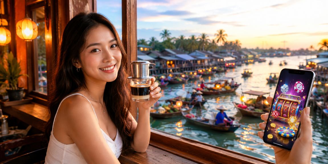 Người dùng tại Phú Quốc cân bằng giải trí mobile trong quán cà phê